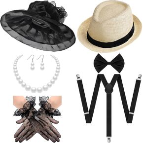 Tisancy 7 Pcs 1920s Flapper Accessories for Men and Women, Include Men's Gatsby Accessories, Panama Hat, Bow Tie, Suspenders, Women's Church Derby Hats, Tea Party Gloves Pearl Necklace and Earring in Kuwait