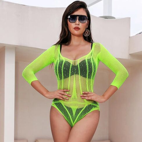 LUCKELF Long Sleeve Fishnet Bodysuit for Women Sexy Lingerie with Sparkle Rhinestone Backless Top Underwear in Kuwait