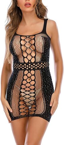 Kimfeng المرأة التألق حجر الراين شبكة صيد السمك فستان قصير شبكة قميص بيبي دول ارتداءها الدانتيل سموك الملابس الداخلية للنساء in Kuwait