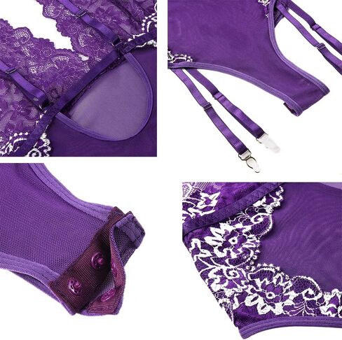 ملابس داخلية جيورزيو تيدي للنساء قطعة واحدة من الدانتيل بتصميم عميق على شكل حرف V، بيبي دول أرجواني، مقاس 2XL in Kuwait