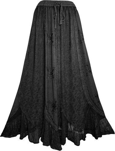 Agan Traders Women's Peasant Medieval High Waistband A Line Drawstring Long Embroidered Lace Hem Maxi Skirt Plus Size 2X 3X in Kuwait