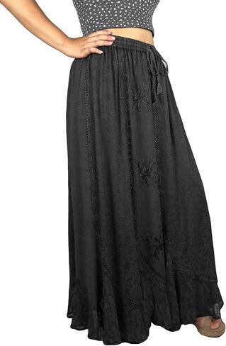 Agan Traders Women's Peasant Medieval High Waistband A Line Drawstring Long Embroidered Lace Hem Maxi Skirt Plus Size 2X 3X in Kuwait