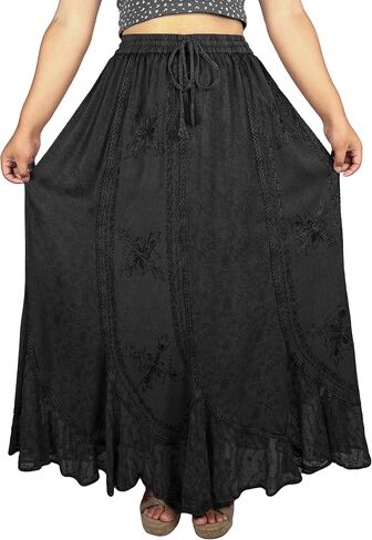 Agan Traders Women's Peasant Medieval High Waistband A Line Drawstring Long Embroidered Lace Hem Maxi Skirt Plus Size 2X 3X in Kuwait