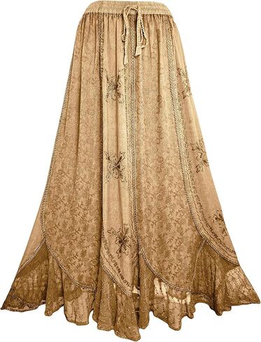 Agan Traders Women's Peasant Medieval High Waistband A Line Drawstring Long Embroidered Lace Hem Maxi Skirt Plus Size 2X 3X in Kuwait