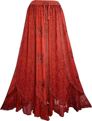 Agan Traders Women's Peasant Medieval High Waistband A Line Drawstring Long Embroidered Lace Hem Maxi Skirt Plus Size 2X 3X in Kuwait