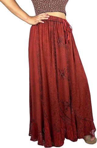 Agan Traders Women's Peasant Medieval High Waistband A Line Drawstring Long Embroidered Lace Hem Maxi Skirt Plus Size 2X 3X in Kuwait