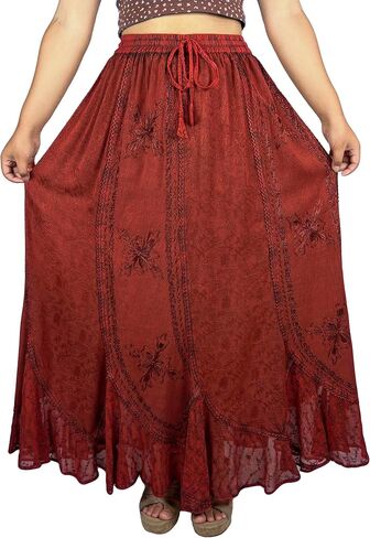 Agan Traders Women's Peasant Medieval High Waistband A Line Drawstring Long Embroidered Lace Hem Maxi Skirt Plus Size 2X 3X in Kuwait