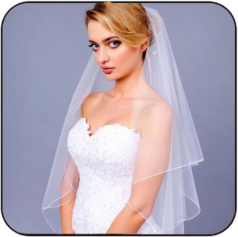 Latious 2 Tier Bride Wedding Veil Elbow Length Short Bridal Tulle Veils Ribbon Edge Veils with Comb for Brides and Women (White) in Kuwait
