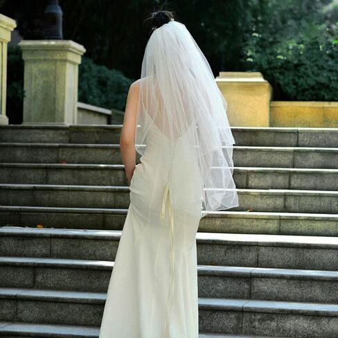 Latious 2 Tier Bride Wedding Veil Elbow Length Short Bridal Tulle Veils Ribbon Edge Veils with Comb for Brides and Women (White) in Saudi Arabia