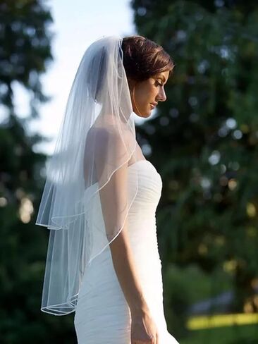 Latious 2 Tier Bride Wedding Veil Elbow Length Short Bridal Tulle Veils Ribbon Edge Veils with Comb for Brides and Women (White) in Kuwait