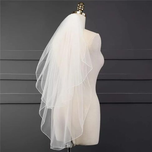 Latious 2 Tier Bride Wedding Veil Elbow Length Short Bridal Tulle Veils Ribbon Edge Veils with Comb for Brides and Women (White) in Kuwait
