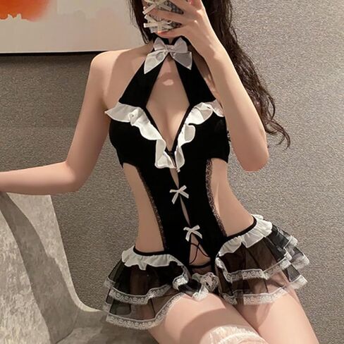 SNOMYRS تيدي ارتداءها الدانتيل القوطية لوليتا Kawaii تأثيري الملابس الداخلية Crotchless قطعة واحدة ربطة القوس فيونكة in Kuwait