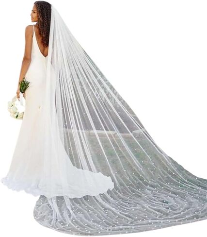 طرحة كاتدرائية طويلة لحفلات الزفاف من كاسولفكس، طرحة للعروس من اللؤلؤ الابيض، طرحة زفاف طويلة من اللؤلؤ والتول، اكسسوار للعرائس والنساء in Kuwait