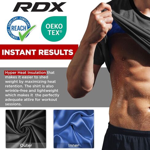 بدلة رياضية للرجال من RDX، قميص ساونا، محبس للحرارة - تي شيرت معتمد من REACH OEKO TEX 100 - مشذب علوي للتمارين الرياضية واللياقة البدنية in Kuwait