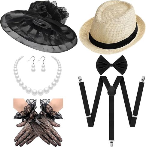 Tisancy 7 Pcs 1920s Flapper Accessories for Men and Women, Include Men's Gatsby Accessories, Panama Hat, Bow Tie, Suspenders, Women's Church Derby Hats, Tea Party Gloves Pearl Necklace and Earring in Kuwait