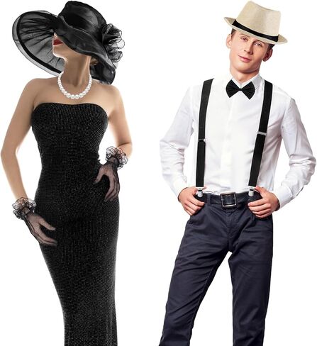 Tisancy 7 Pcs 1920s Flapper Accessories for Men and Women, Include Men's Gatsby Accessories, Panama Hat, Bow Tie, Suspenders, Women's Church Derby Hats, Tea Party Gloves Pearl Necklace and Earring in Kuwait