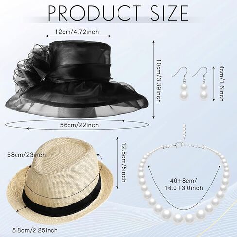 Tisancy 7 Pcs 1920s Flapper Accessories for Men and Women, Include Men's Gatsby Accessories, Panama Hat, Bow Tie, Suspenders, Women's Church Derby Hats, Tea Party Gloves Pearl Necklace and Earring in Kuwait