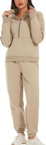 ROJZR الصوف عرق النساء مجموعة 2 قطعة نصف البريدي البلوز عارضة عداء ببطء Sweatpants مجموعات 2 قطعة العرق مجموعات in Saudi Arabia