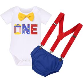 IBTOM قلعة كعكة سحق الزي الصبي 1st عيد ميلاد السيرك شهم رومبير + البنطلونات + الحمالات 3 قطعة مجموعة الملابس صور الدعائم in Kuwait