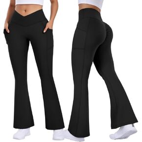 Vertvie Flare Leggings for Women with Pockets V Crossover Bootcut Yoga Pants Scrunch Butt Lifting Gym Bell Bottom Leggings