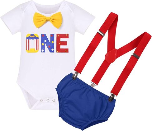 IBTOM قلعة كعكة سحق الزي الصبي 1st عيد ميلاد السيرك شهم رومبير + البنطلونات + الحمالات 3 قطعة مجموعة الملابس صور الدعائم in Kuwait