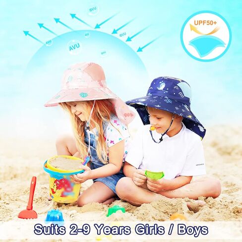 BEBOAN Kids Beach Hat Toddler Bucket Sun Hat for Boys Girls Hat Summer UV Protection UPF 50+ Wide Brim Neck Flap Aged 2-9 in Kuwait