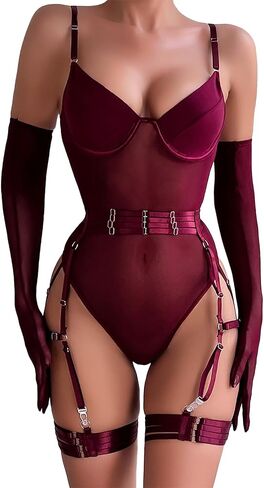 Sexy Sheer Mesh Lingerie Bodysuit Set 5 Pc, One Piece Babydoll Teddy Lingerie for Women with Garter Belt Glove in Saudi Arabia