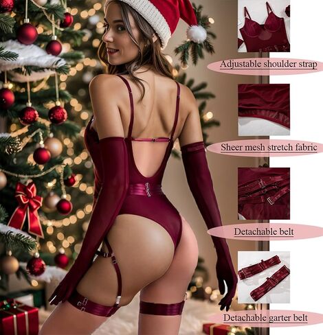 Sexy Sheer Mesh Lingerie Bodysuit Set 5 Pc, One Piece Babydoll Teddy Lingerie for Women with Garter Belt Glove in Saudi Arabia
