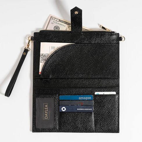 محفظة يد نسائية من الجلد الطبيعي من DAYLEA مع حماية RFID - محفظة معصم ثنائية الطي بسحاب ومحفظة متعددة الفتحات وحامل بطاقات ائتمان للنساء - تصميم نحيف، مثالي للسفر | أسود in Kuwait