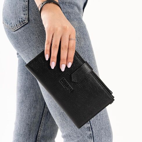 محفظة يد نسائية من الجلد الطبيعي من DAYLEA مع حماية RFID - محفظة معصم ثنائية الطي بسحاب ومحفظة متعددة الفتحات وحامل بطاقات ائتمان للنساء - تصميم نحيف، مثالي للسفر | أسود in Kuwait