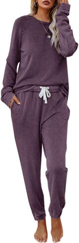Eurivicy Women's Solid Sweatsuit Set 2 Piece Long Sleeve Pullover and Drawstring Sweatpants Sport Outfits Sets in Kuwait
