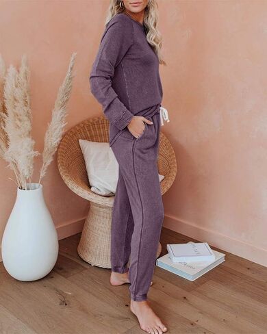 Eurivicy Women's Solid Sweatsuit Set 2 Piece Long Sleeve Pullover and Drawstring Sweatpants Sport Outfits Sets in Kuwait