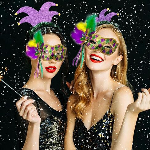 قناع جلينيسيز ماردي غرا التنكرية للنساء، قناع كرنفال البندقية مع الريش لأزياء ماردي غرا ملحقات الحفلات المفضلة in Kuwait