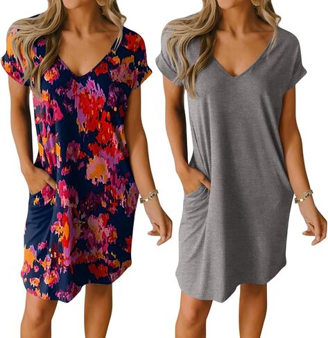Ekouaer 2 Pack Nightgowns for Women Short Sleeve Sleepwear V Neck Sleepshirt Solid/Printed Night Dress With Pockets in Saudi Arabia