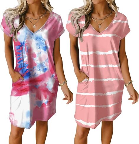 Ekouaer 2 Pack Nightgowns for Women Short Sleeve Sleepwear V Neck Sleepshirt Solid/Printed Night Dress With Pockets in Saudi Arabia