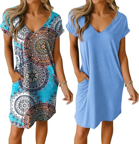 Ekouaer 2 Pack Nightgowns for Women Short Sleeve Sleepwear V Neck Sleepshirt Solid/Printed Night Dress With Pockets in Saudi Arabia