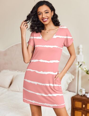 Ekouaer 2 Pack Nightgowns for Women Short Sleeve Sleepwear V Neck Sleepshirt Solid/Printed Night Dress With Pockets in Saudi Arabia