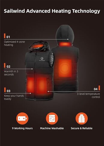سترة Sailwind للرجال خفيفة الوزن قابلة للتدفئة سترة كهربائية ذكية قابلة لإعادة الشحن مع غطاء رأس قابل للإزالة (البطارية متضمنة) in Kuwait