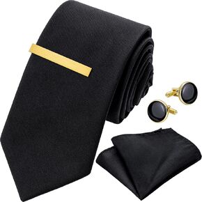 HAWSON Black Ties for Men and Cufflinks Tie Clip Set, Solid Satin Necktie for Father's Day,Anniversary,Wedding and Bussiness. in Kuwait