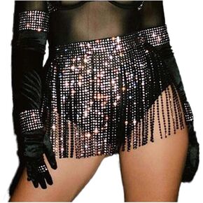 Barode Belly Dance Hip Skirt Sparkly Rhinestones Tassel Scarf Crystals Costume Hip Scarf Belt Tribal Fringe Performance Outfits Skirt Festival for Women and Girls Black in Kuwait