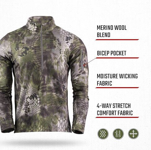 Kryptek Men’s Arma Fleece Half Zip, Stealthy Camo, Performance Long Sleeve with Merino Wool Backer for temperature regulation in Kuwait