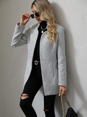 MakeMeChic Women's Open Front Slim Fit Overcoat Long Sleeve Stand Collar Outerwear Solid Casual Jacket in Kuwait