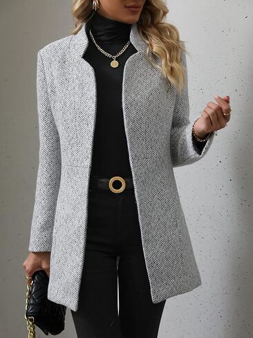 MakeMeChic Women's Open Front Slim Fit Overcoat Long Sleeve Stand Collar Outerwear Solid Casual Jacket in Kuwait