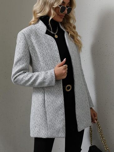 MakeMeChic Women's Open Front Slim Fit Overcoat Long Sleeve Stand Collar Outerwear Solid Casual Jacket in Kuwait