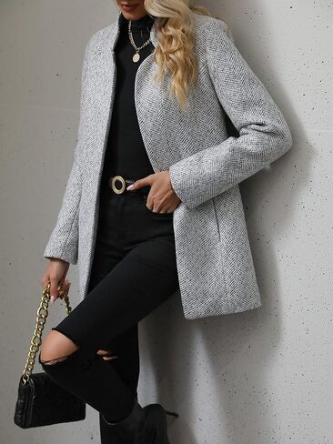 MakeMeChic Women's Open Front Slim Fit Overcoat Long Sleeve Stand Collar Outerwear Solid Casual Jacket in Kuwait