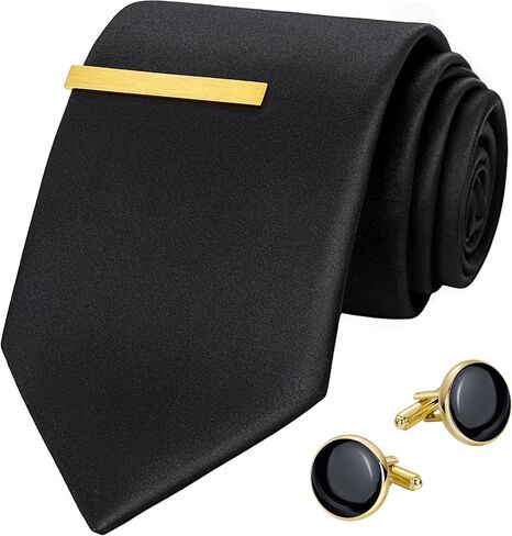 HAWSON Black Ties for Men and Cufflinks Tie Clip Set, Solid Satin Necktie for Father's Day,Anniversary,Wedding and Bussiness. in Saudi Arabia