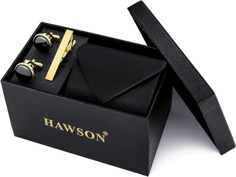 HAWSON Black Ties for Men and Cufflinks Tie Clip Set, Solid Satin Necktie for Father's Day,Anniversary,Wedding and Bussiness. in Saudi Arabia