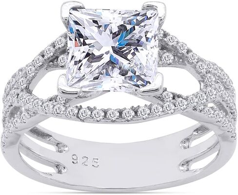 SAVEARTH DIAMONDS Princess Cut 6MM Center, Round Sparkling White Cubic Zirconia Split Shank Crossover Cluster Bypass Engagement Ring For Women In 14k Gold Over Sterling Silver in Saudi Arabia