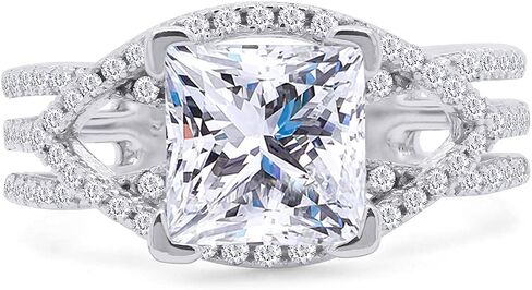 SAVEARTH DIAMONDS Princess Cut 6MM Center, Round Sparkling White Cubic Zirconia Split Shank Crossover Cluster Bypass Engagement Ring For Women In 14k Gold Over Sterling Silver in Saudi Arabia