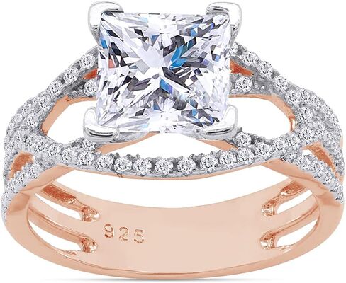 SAVEARTH DIAMONDS Princess Cut 6MM Center, Round Sparkling White Cubic Zirconia Split Shank Crossover Cluster Bypass Engagement Ring For Women In 14k Gold Over Sterling Silver in Saudi Arabia
